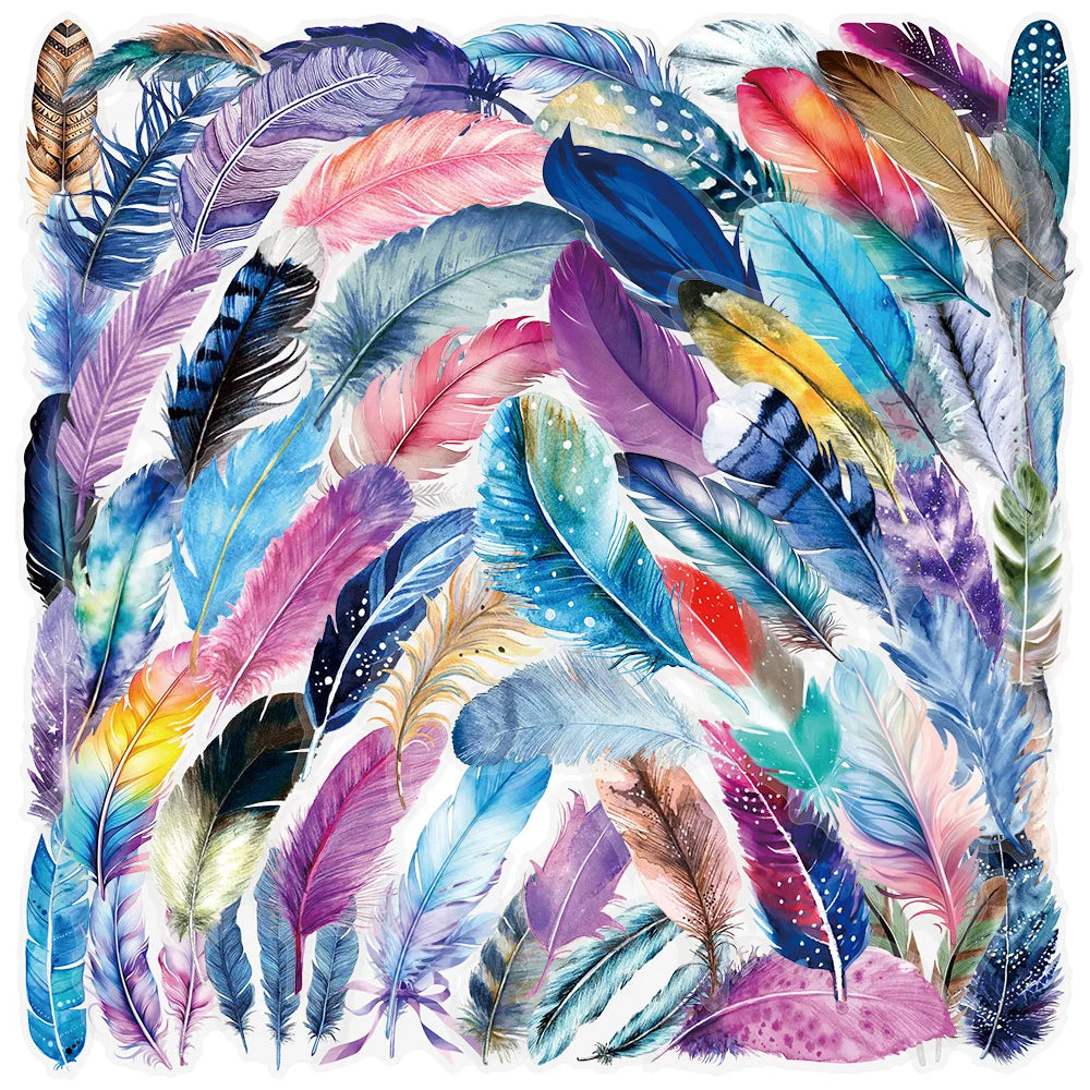 50 Pcs Dreamy Feather Colorful Transparent PET Waterproof Stickers for DIY Helmet Notebook Suitcase Fridge Window Drawer Decals