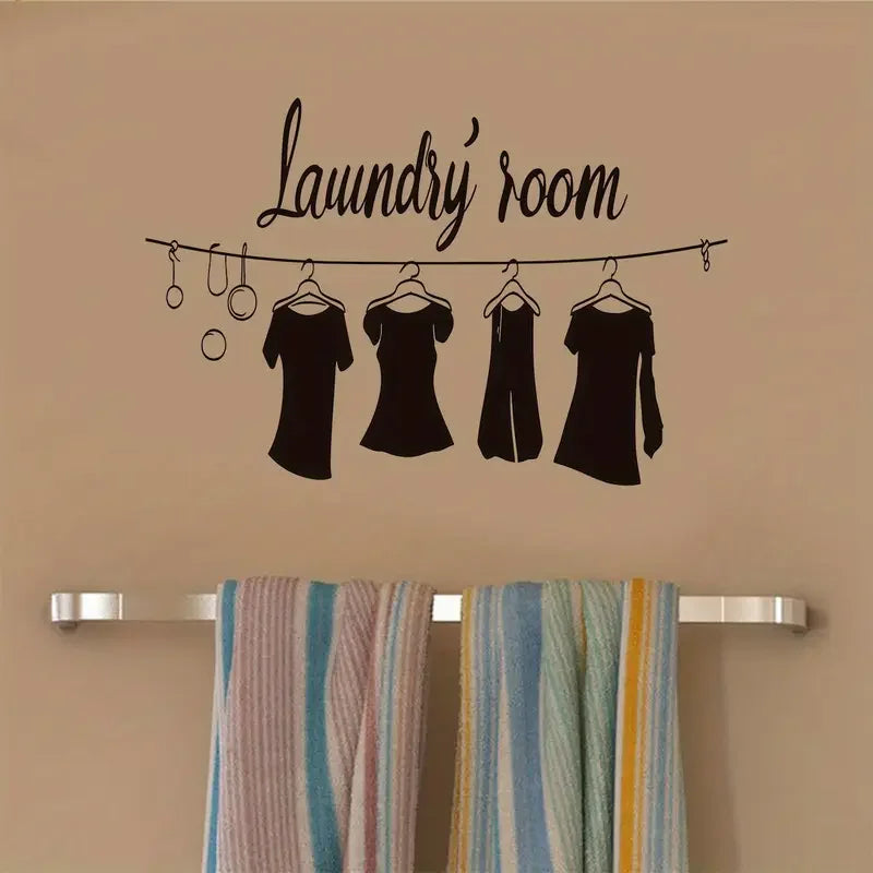 Black 'Laundry Room' Wall Decal with Clothes Hanging Design - Removable, Reusable Sticker for Kitchen & Living Room Decor, Moder