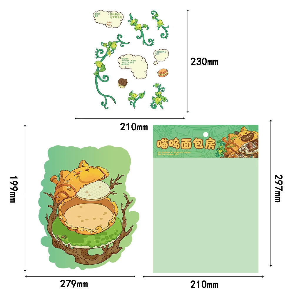 3PCS Meow Bread House Print Scenery Sticker Notebook Aesthetic Gifts Coffee Stationery Home Motorcycle Casual Gifts Stickers