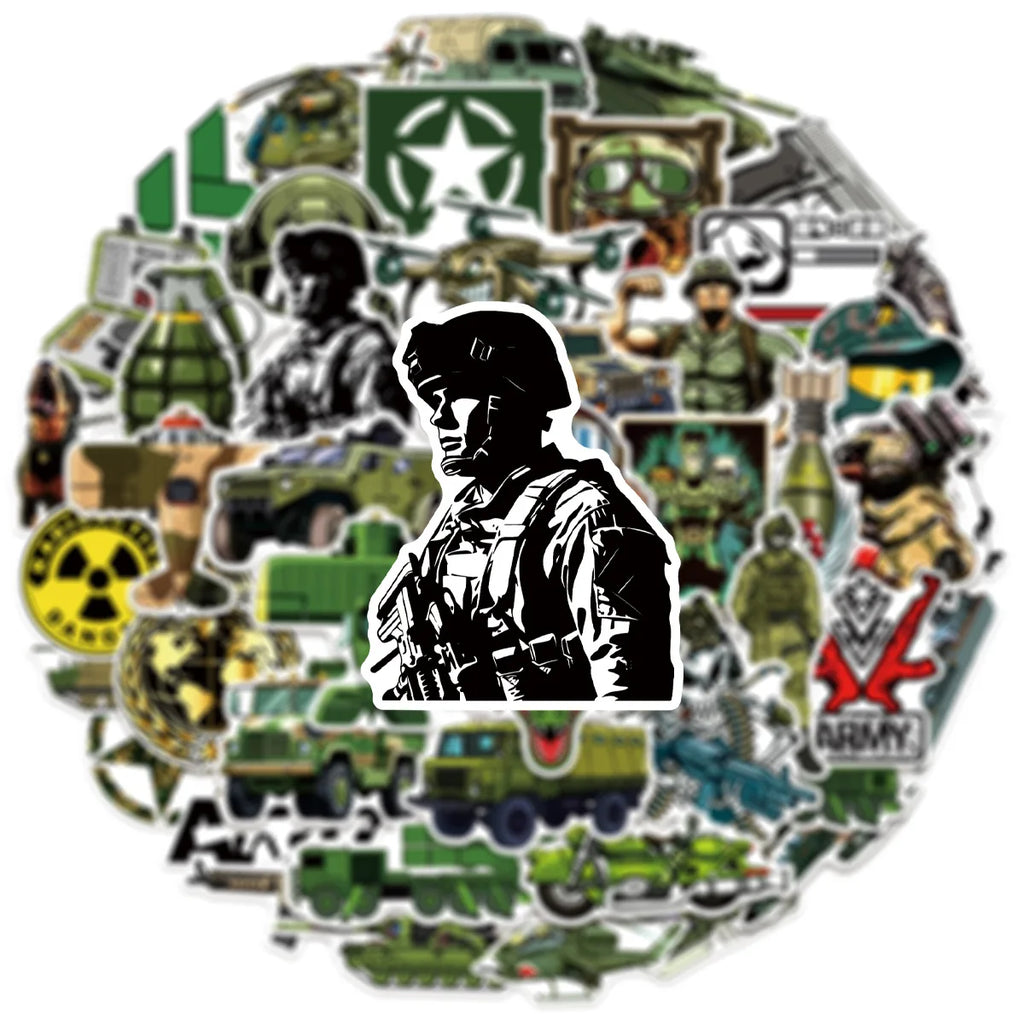 50/100 Pcs Cartoon Military Equipment Theme Stickers No Repeat for Helmet Scooter Notebook Stationery Box Suitcase Outdoor Gear