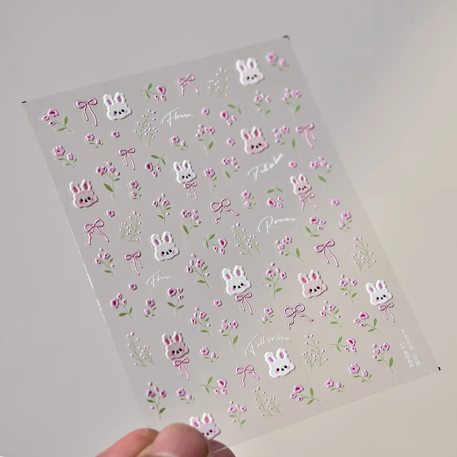 1pcs 5D Kawaii Rabbit Nail Stickers Embossed Cartoon Pink Blue Flower Adhesive Nail Art Decorations Decals Slider DIY Accessory