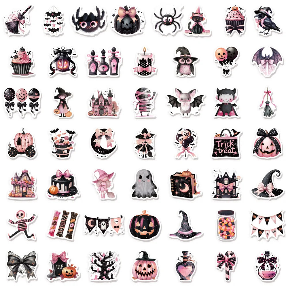 50PCS Cute Black Pink Halloween Fun Graffiti Stickers DIY Handmade Tags Book Roll Notebook Tablet Toy Stickers