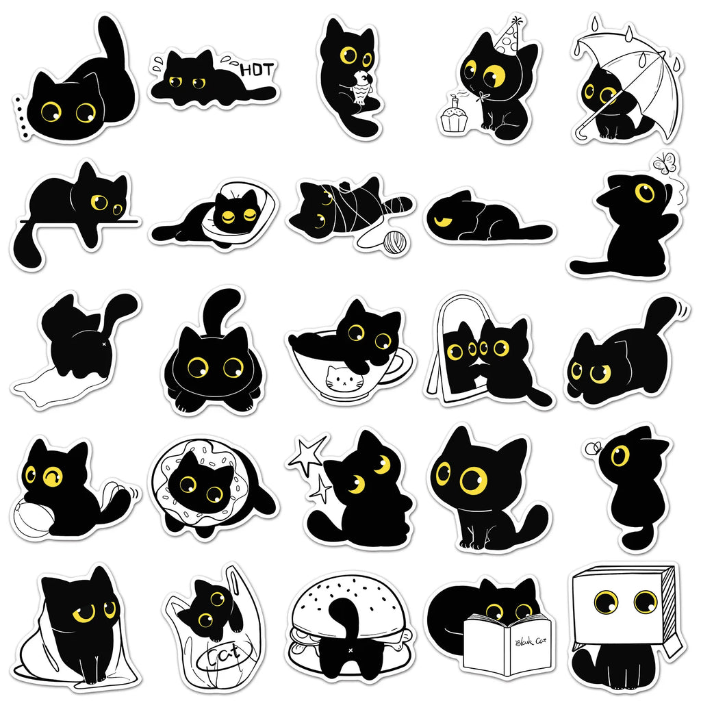 50/100PCS Cartoon Black Cat Daily Stickers Cartoon Cute Hand drawn Animal Creative Water Cup Ohone Stickers