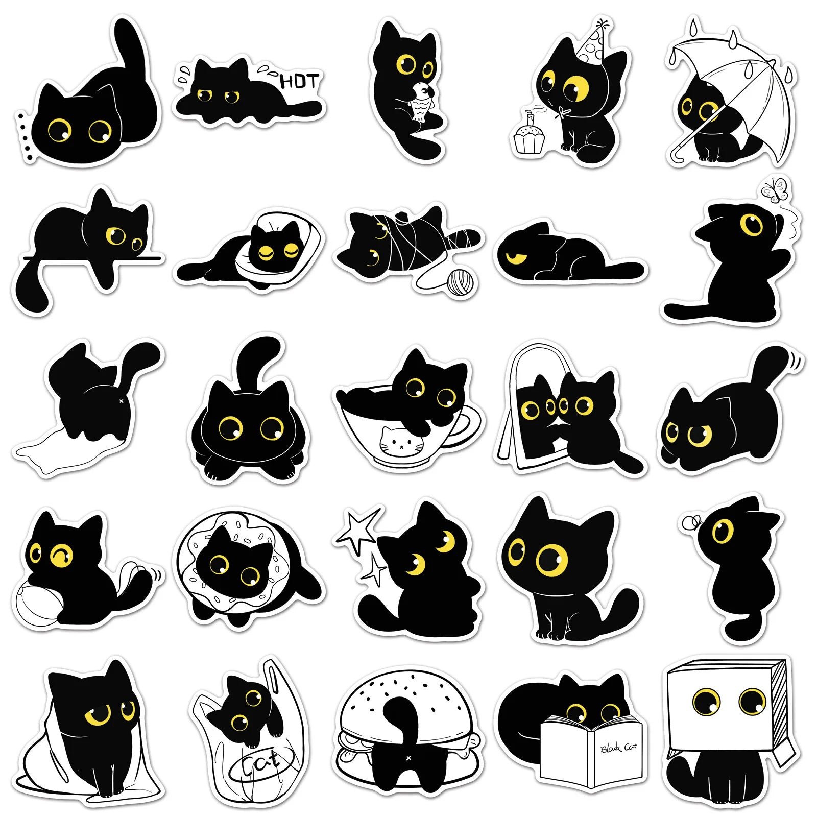 50/100PCS Cartoon Black Cat Daily Stickers Cartoon Cute Hand drawn Animal Creative Water Cup Ohone Stickers