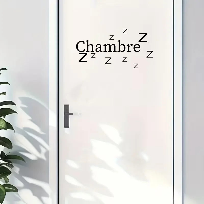 1pc French Country Style "Chambre" & Zzz Sleep Design Self-Adhesive Door Sticker - Black Lettering on White Background, Durable