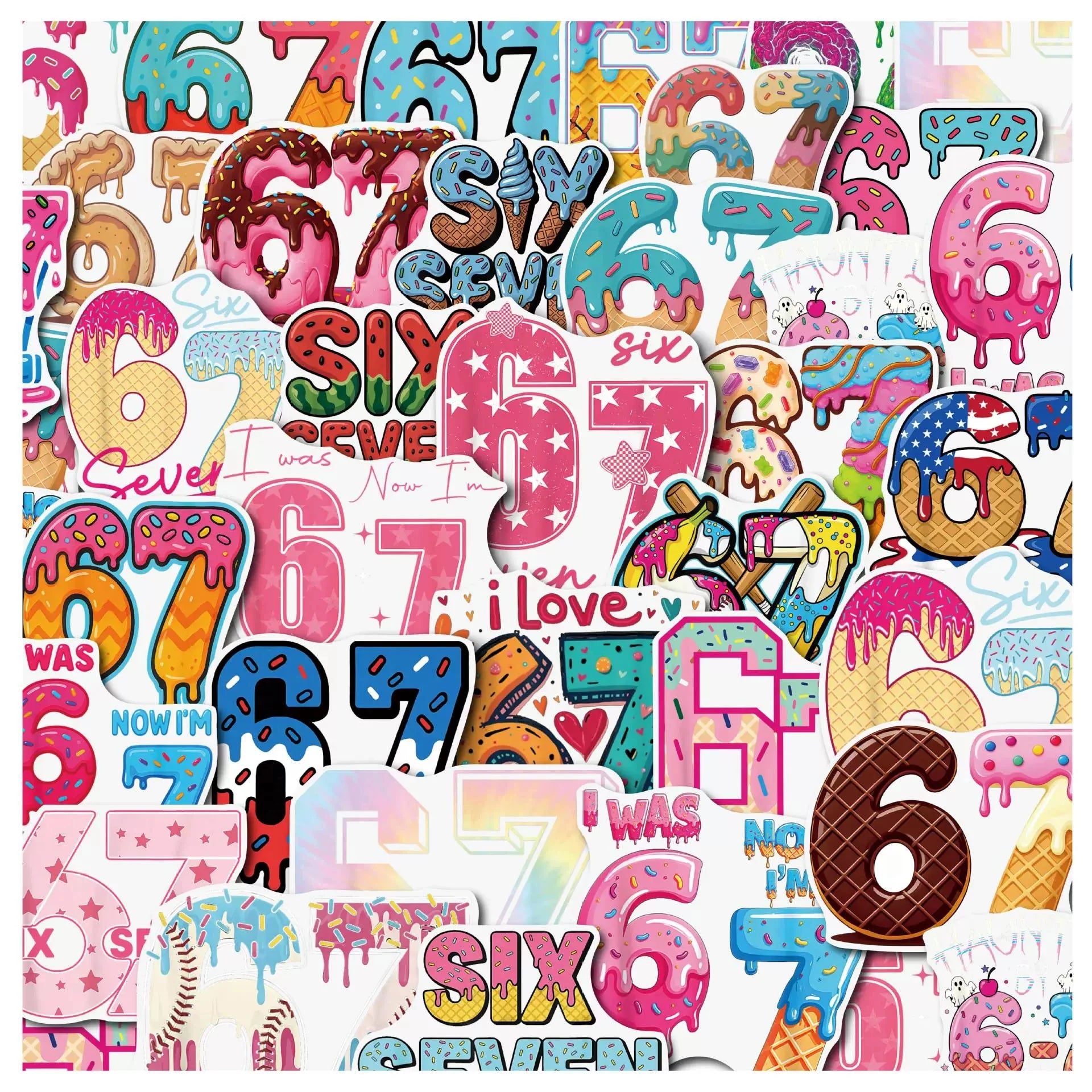 50/100PCS Cartoon 6-7 Digital Graffiti Stickers Water Cup Phone Waterproof Decoration Creative Digital Stickers