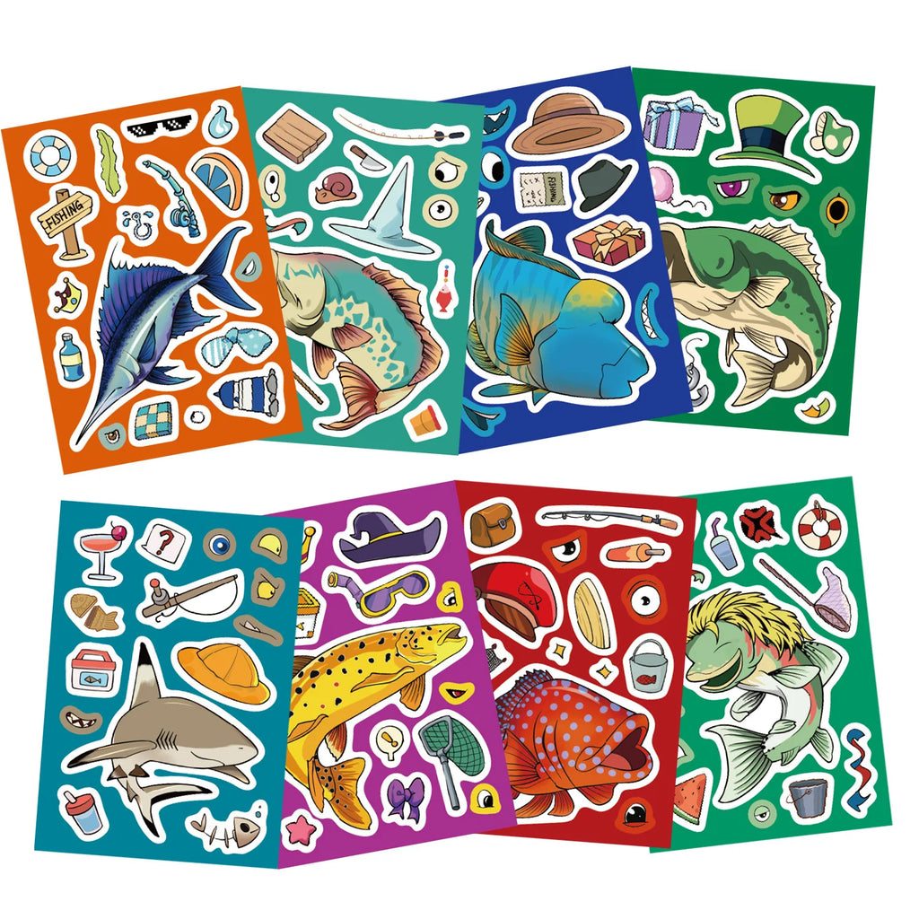 8/16/24PCS Puzzle Stickers Cartoon Fishing Make a Face Stickers DIY Handicrafts Waterproof Stationery Stickers