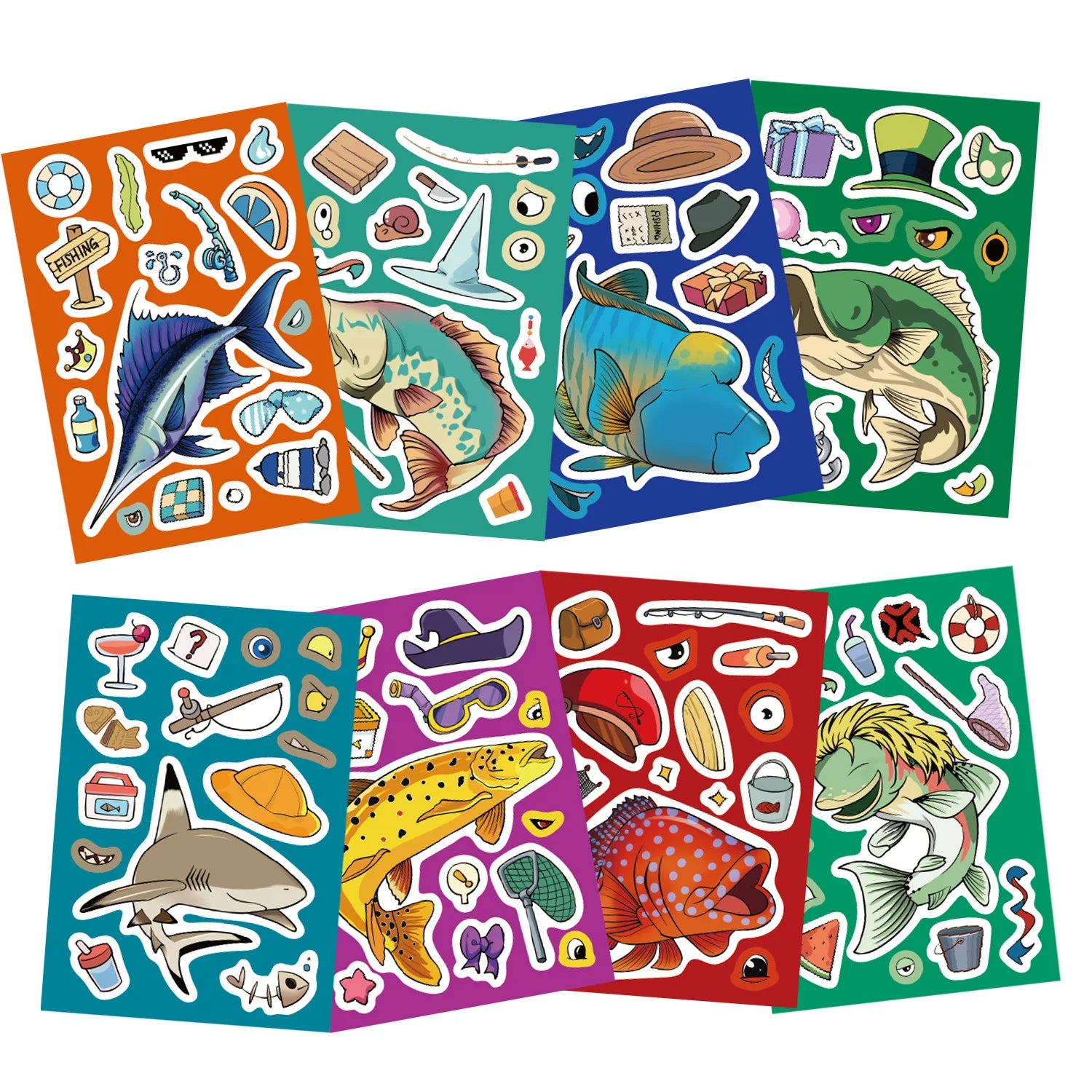 8/16/24PCS Puzzle Stickers Cartoon Fishing Make a Face Stickers DIY Handicrafts Waterproof Stationery Stickers