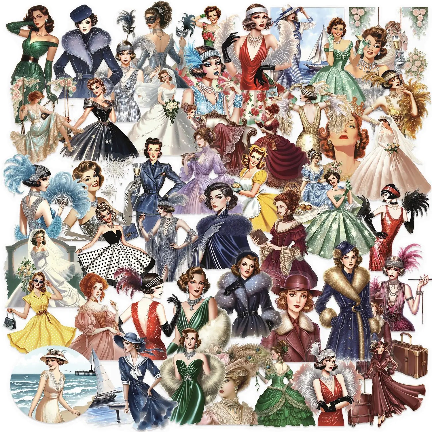 50/100PCS Cartoon Vintage Girl Sticker Bag Waterproof Transparent PET Notebook Decoration Guitar Notebook