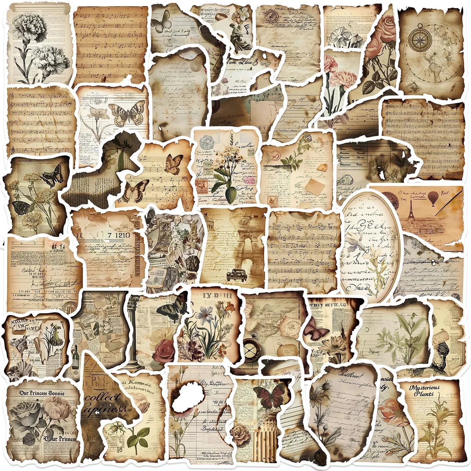 50/100PCS Cute Cartoon Retro Burnt Fragments Graffiti Waterproof Stickers Decor for Notebook Stationery Helmet Skateboard