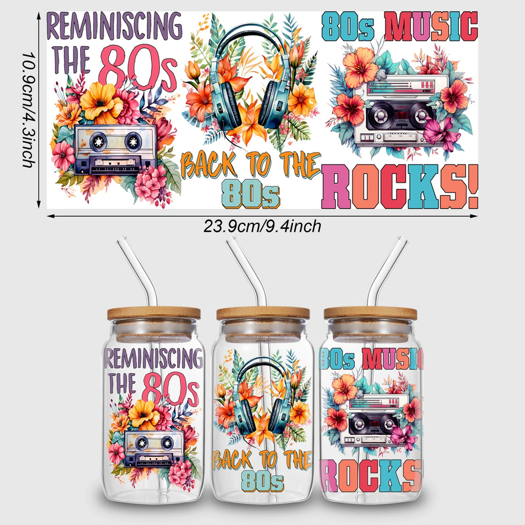 5 sheets 80s Retro UV DTF Cup Stickers, Glass Cup Sports DTF Transfer Stickers, Waterproof Wipe Transfer Paper