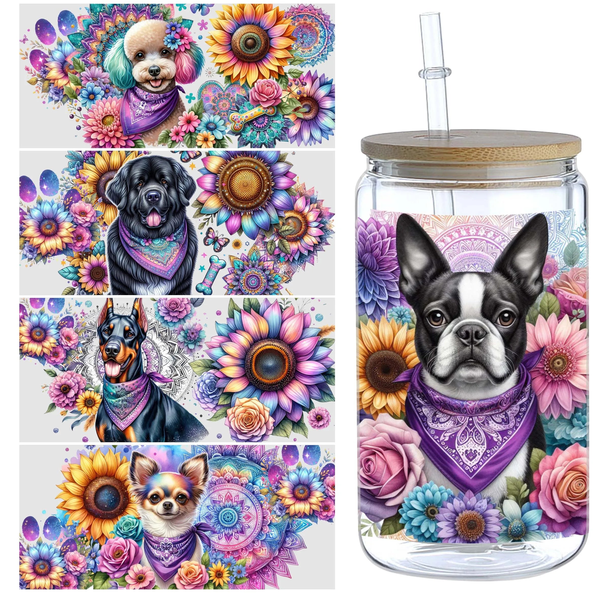 5 Sheets Sunflower Dog UV DTF Cup Stickers, Glass Cup DTF Transfer Stickers, Waterproof Funny Dog Wipeable Transfer Paper