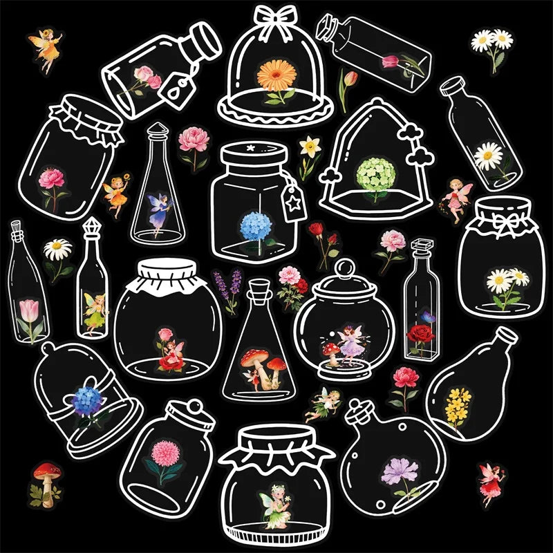 56PCS Kawaii Flower Bottle PET Sticky Sticker Aesthetic Tear Open DIY Decoration Scrapbooking School Stationery Supplies