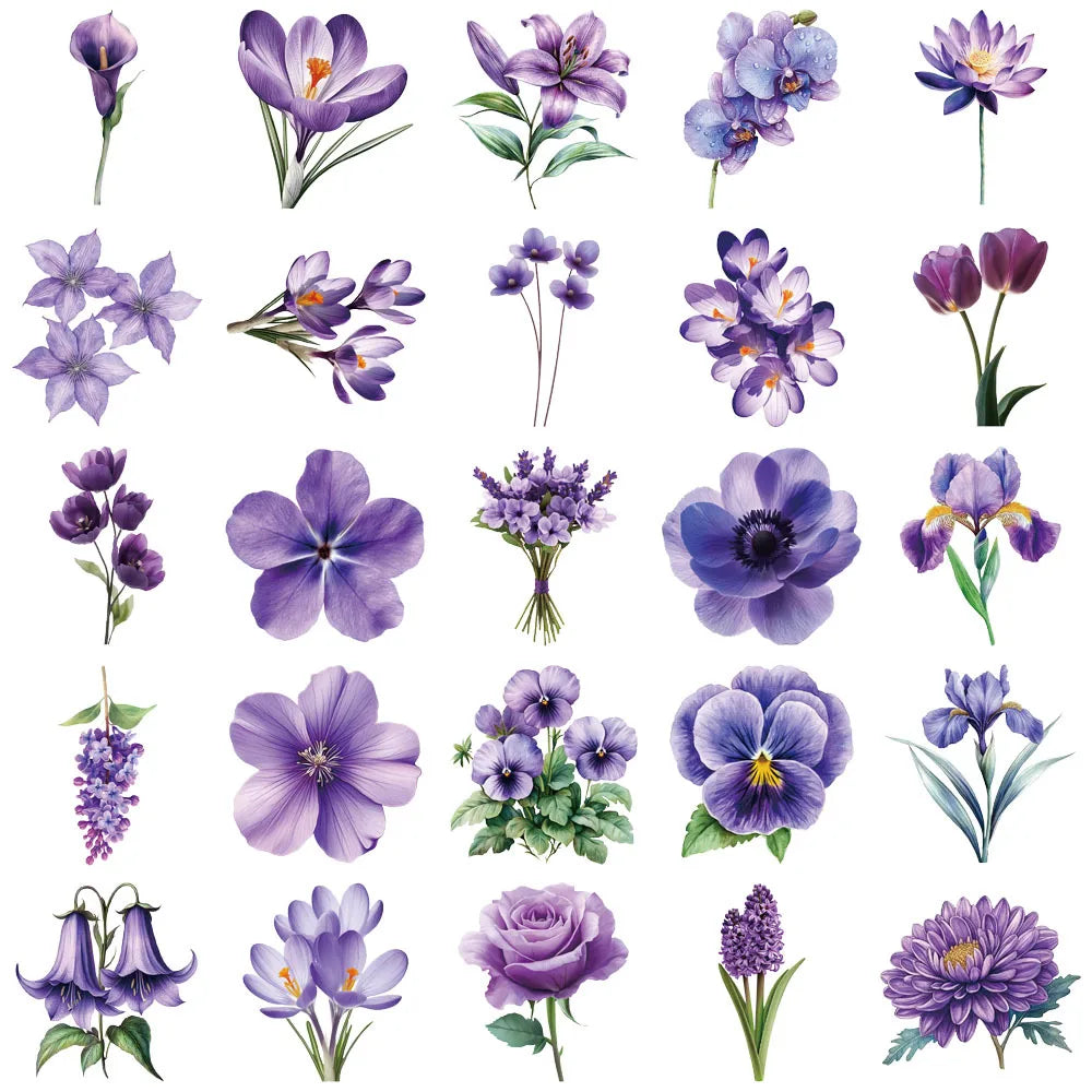 50Pcs Cartoon Purple Flower Sticker Packs Waterproof Transparent PET Decor Guitar Notebook Stationary Stickers