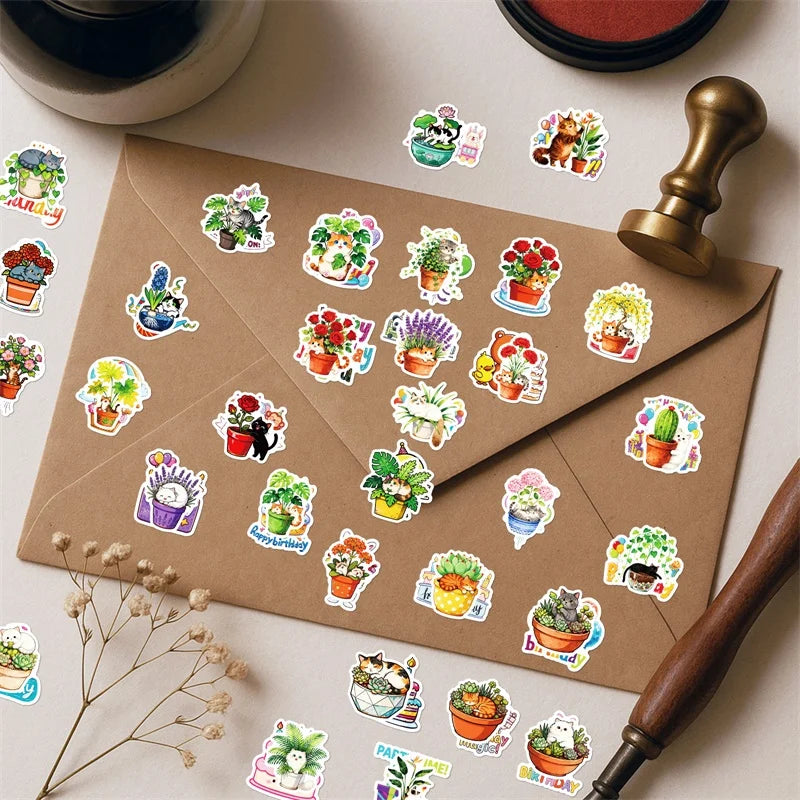 10/30/56PCS Fresh Flower Cat PVC Sticky Sticker Stationery DIY Children's Laptop Luggage Skateboard Decoration Scrapbooking