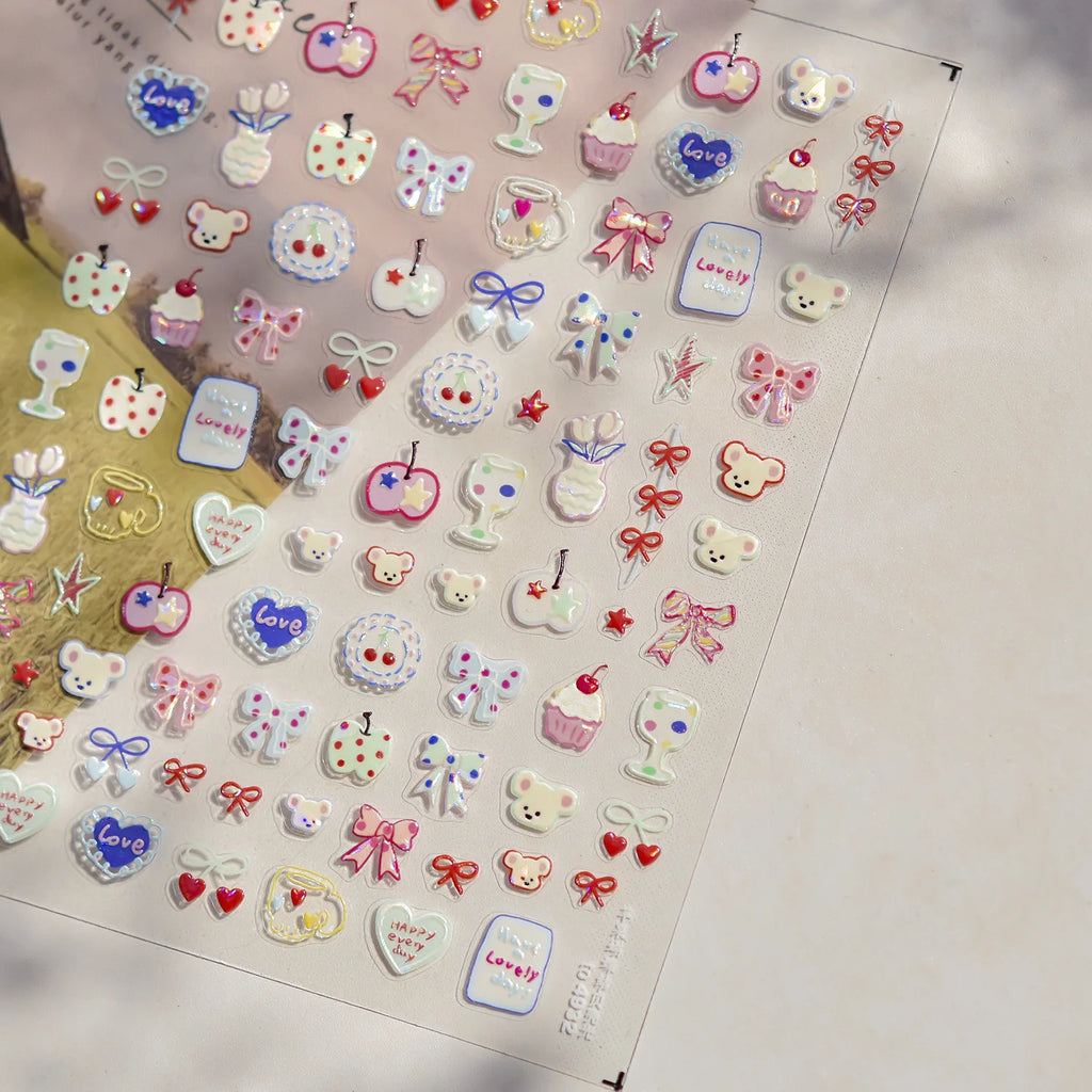 Sweet Puppy Dog Happy Day Cute Cherry star Rich Pink Love Heart Pretty Bowknot 5DNail Art Sticker Self Adhesive Manicure Decal