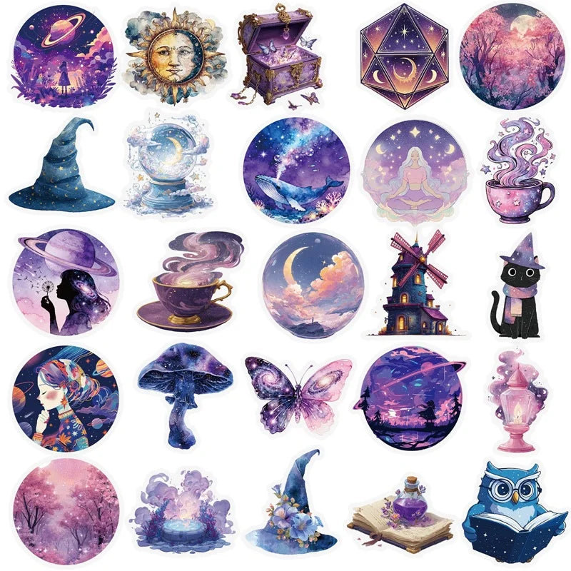 56PCS Kawaii Purple Magic PET Sticky Sticker Aesthetic Tear Open DIY Decoration Scrapbooking School Stationery Supplies