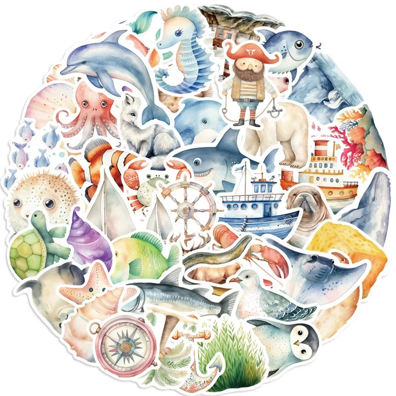 10/30/50PCS Fresh Sea Animal PVC Sticky Sticker Aesthetic DIY Korean Stationery Decoration Scrapbooking School Supplies for Kids