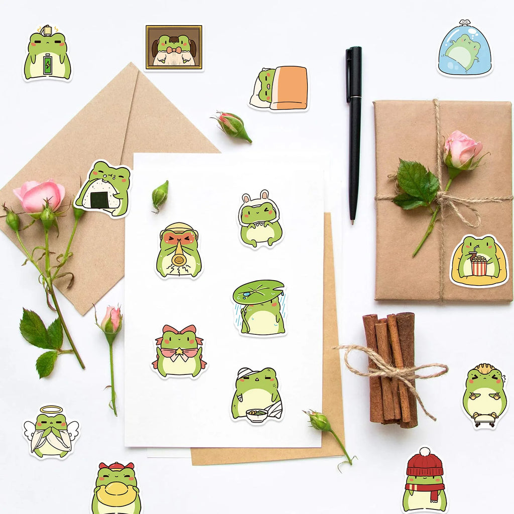 ‌50/100Pcs Funny Cartoon Frog Stickers - Unique Non-repeating Waterproof Decals for Phone, Cup, Notebook, Fridge, Pencil Box