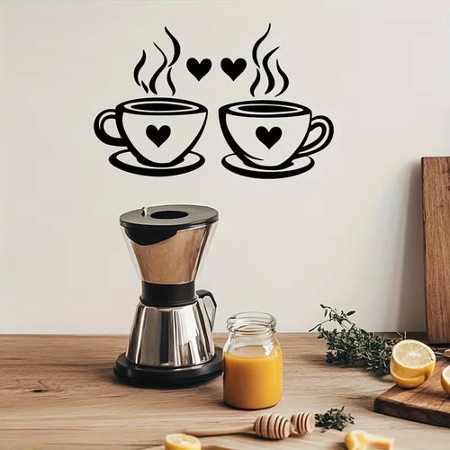 1pc Coffee Cup Wall Decorations Vinyl Kitchen Wall Decorations Sticker Black Coffee Tea Sign Decorative Flowery Wall Art Sticker