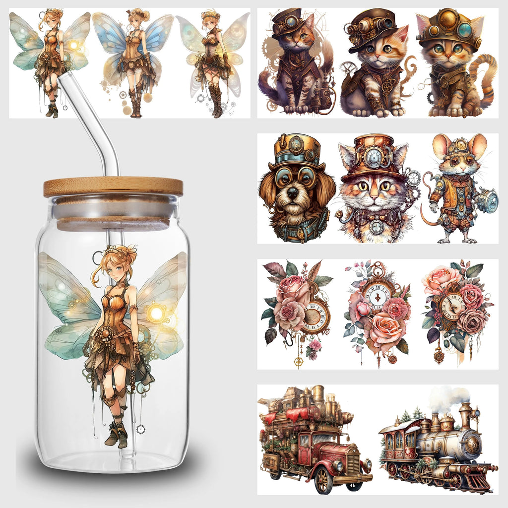 q5 sheets Steampunk UV DTF Cup Stickers, DTF Friction Transfer Stickers, Waterproof Cartoon Transfer Stickers for 16oz Glass Cup