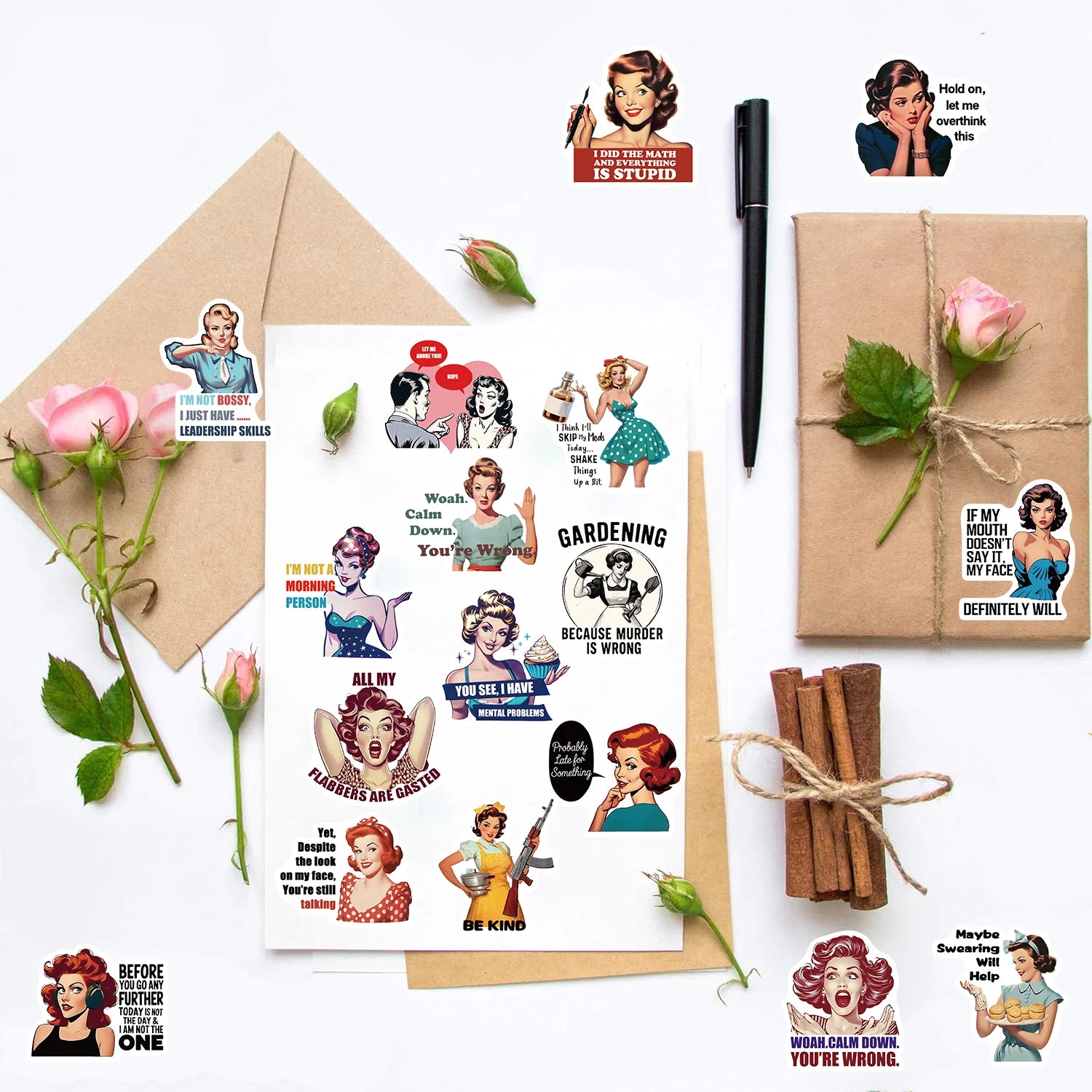 50PCS Retro 80s Woman Sarcastic Housewife Print Sticker Aesthetic Scrapbooking Graffiti Sticker Coffee Phone Greeting Stickers