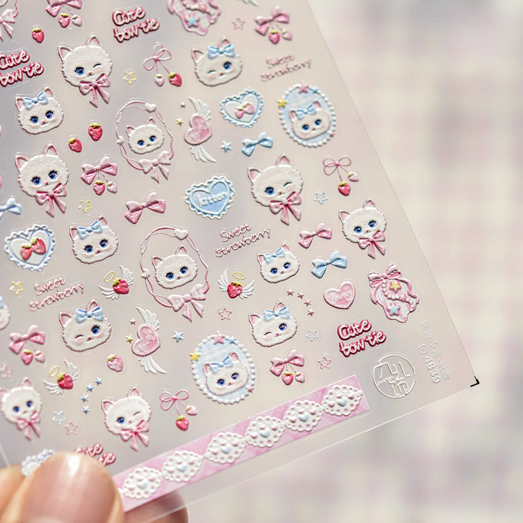 1pcs 5D Kawaii Rabbit Nail Stickers Embossed Cartoon Pink Blue Flower Adhesive Nail Art Decorations Decals Slider DIY Accessory