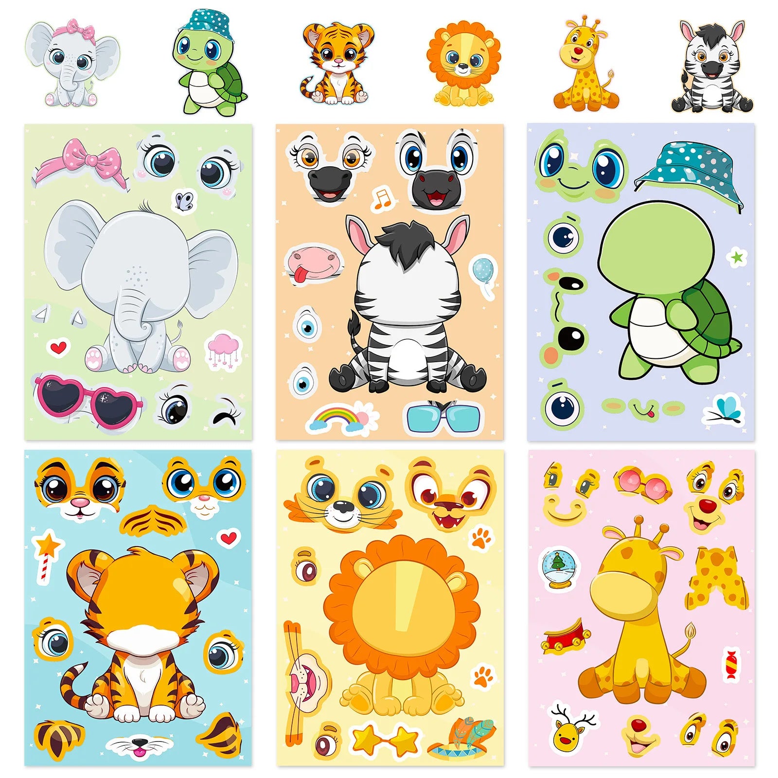 6Sheets Cute Cartonn DIY Puzzle Sticker Games Animals Make A Face Funny Assemble Stickers Decor