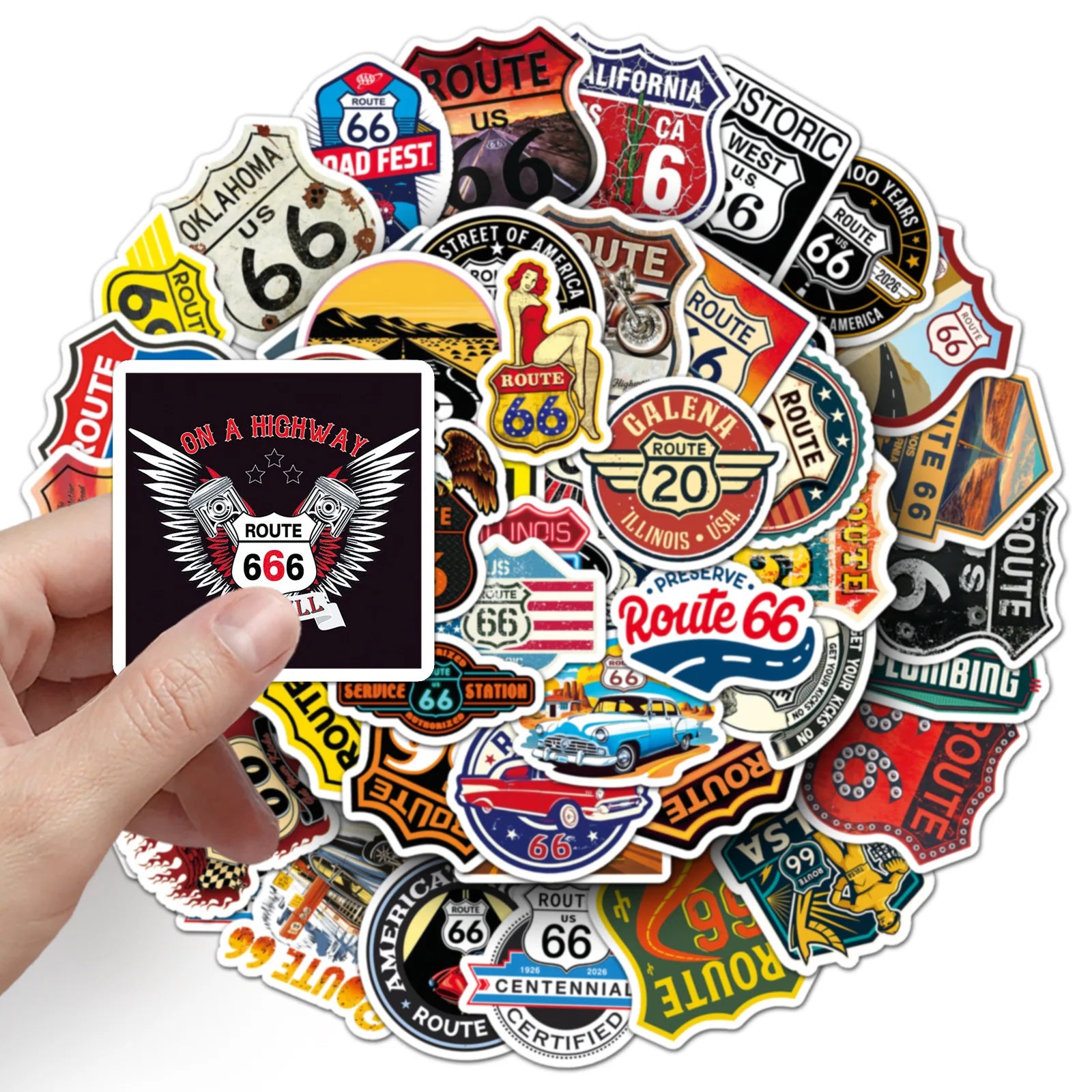 50PCS Classic US Route 66 Stickers, Student Stationery Laptop Helmet Skateboard Decorative Art Waterproof Sticker