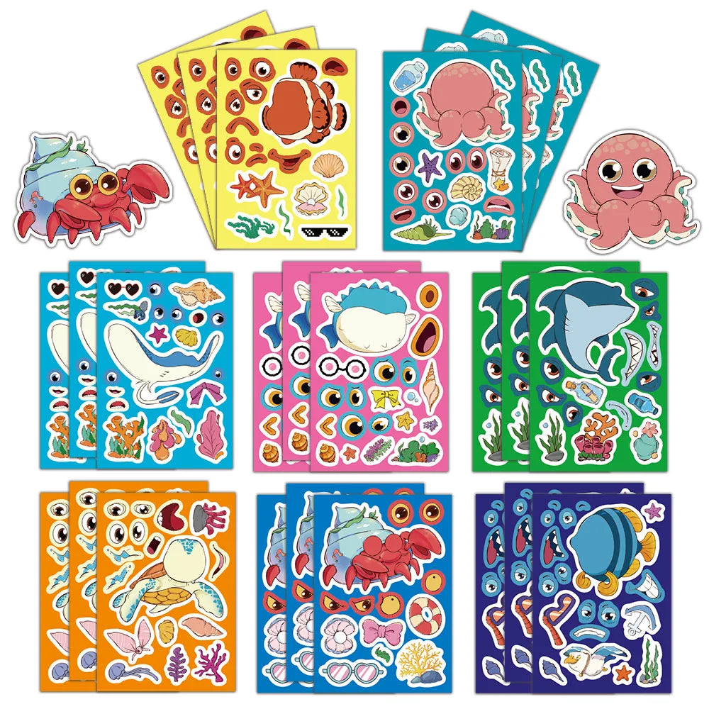 8PCS Cartoon Ocean Fish Animal Face Changing Graffiti Stickers Fun Stickers DIY Phone Case Laptop Water Cup Computer Toy Sticker