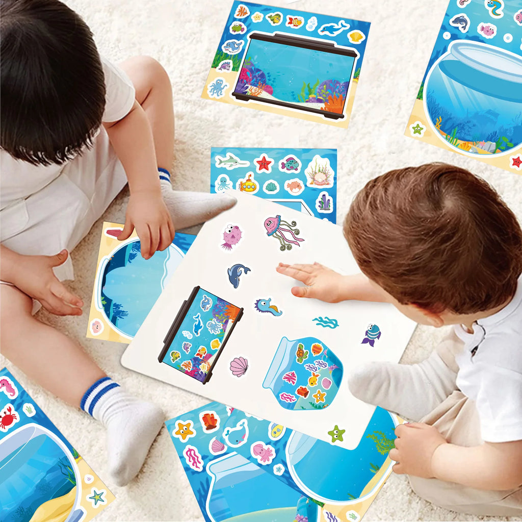 16PCS Fishbowl Marine Animal Children's Reward Stationery Notebook Cartoon DIY Make a Face Stickers Game Handicraft Stickers