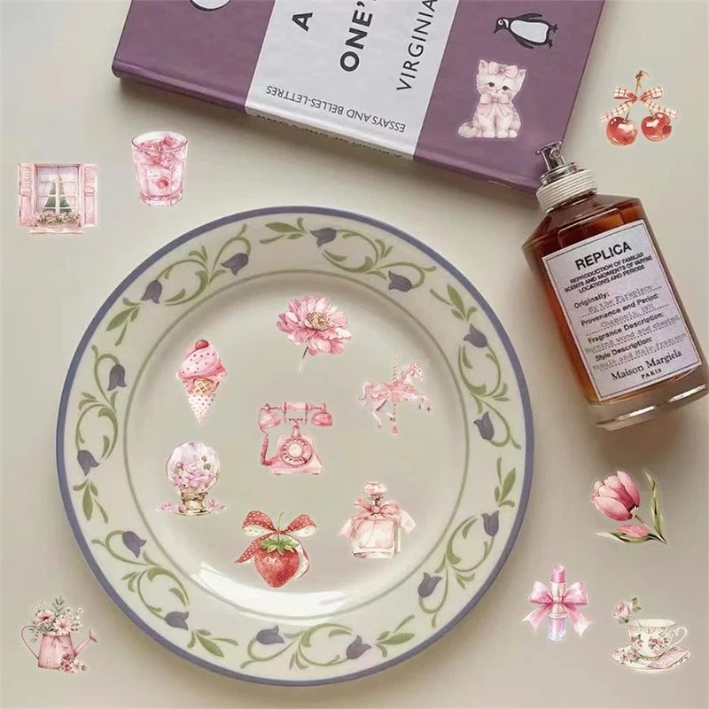 50PCS Cartoon Pink PET Sticky Sticker Aesthetic Korean Stationery DIY Decoration Scrapbooking School Supplies for Kids