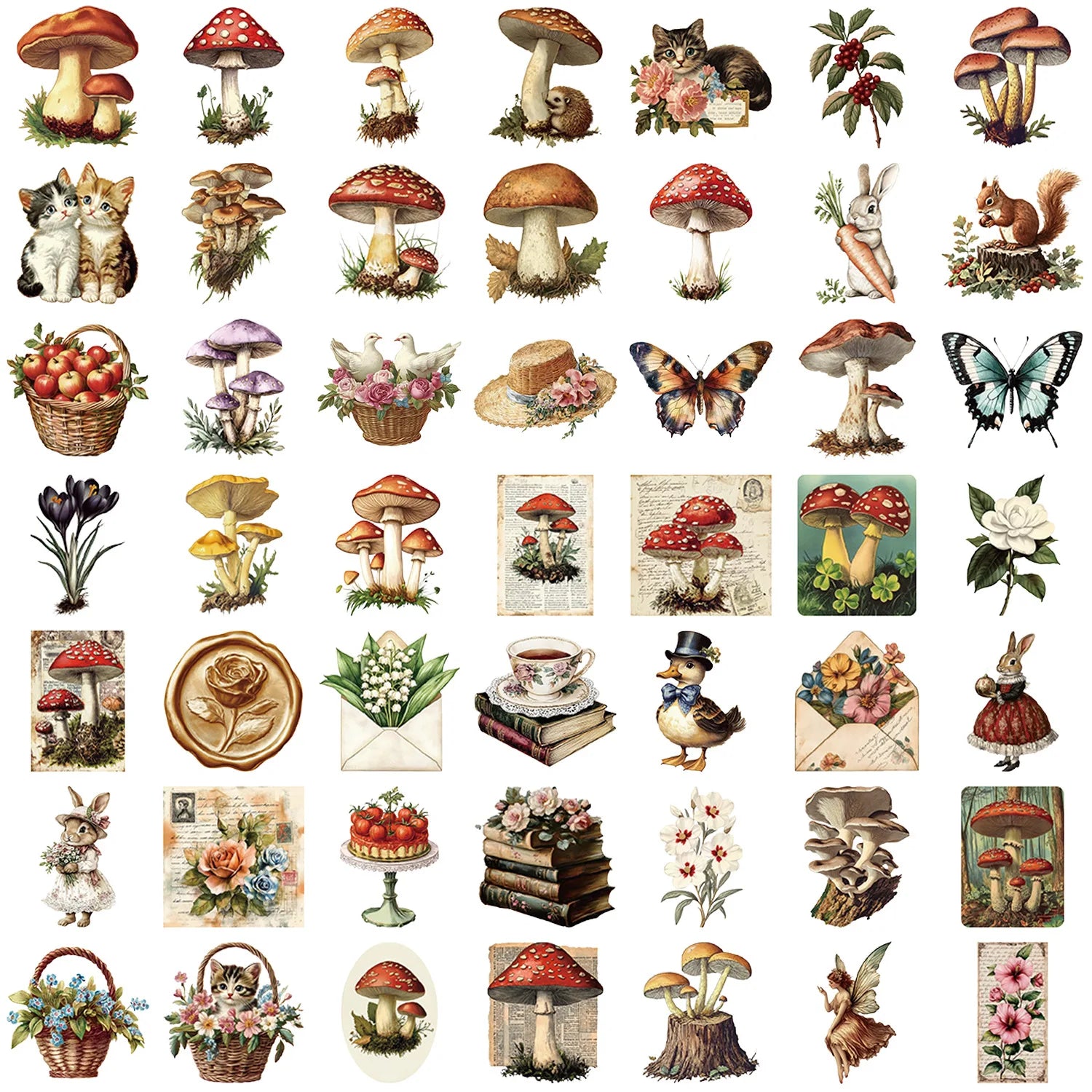 50PCS Transparent PET Leaf/Vintage Mushroom Sticker Bag Waterproof Plastic Decor Guitar Notebook Stickers