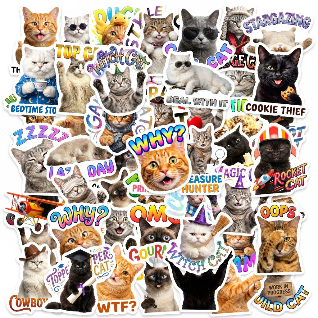 50/100Pcs No Repeat Fun Cat Emoji Stickers Thick Waterproof DIY for Suitcase Phone Helmet Desk Stationery Box Skate Laptop Decal
