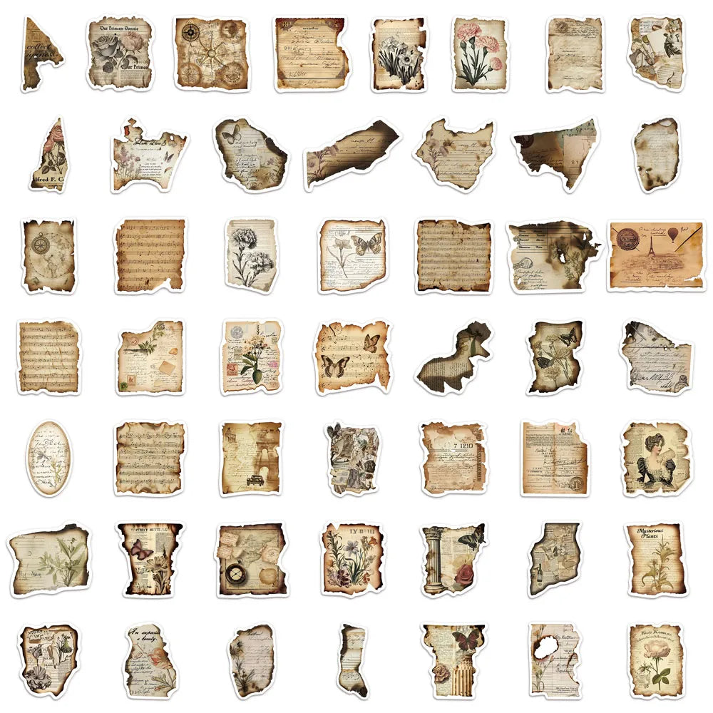 50PCS Vintage Burnt Paper Decorative Stickers DIY Scrapbook Phone Case Laptop Tablet Toy Decorative Stickers