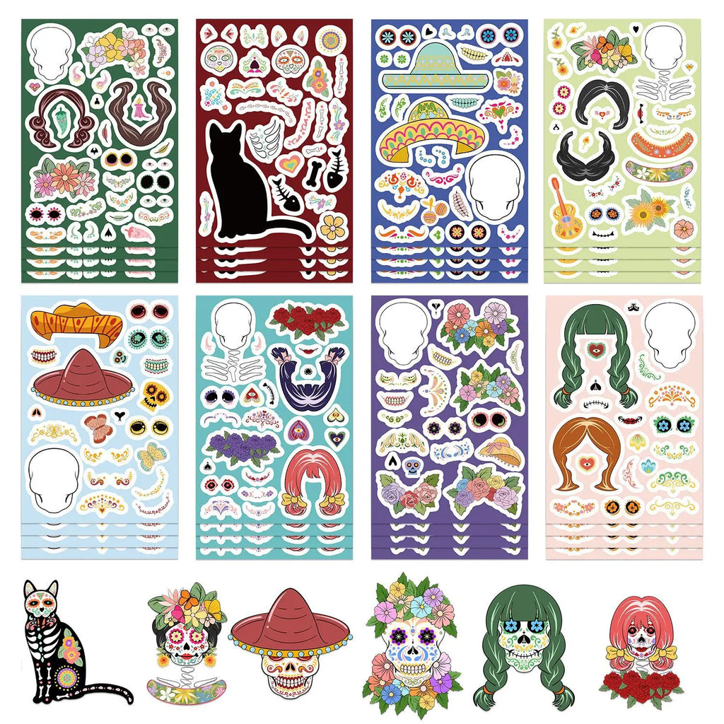 8/16/24PCS Toy Puzzle Stickers Mexican Day of the Dead Make a Face Stickers DIY Handicrafts Waterproof Stickers