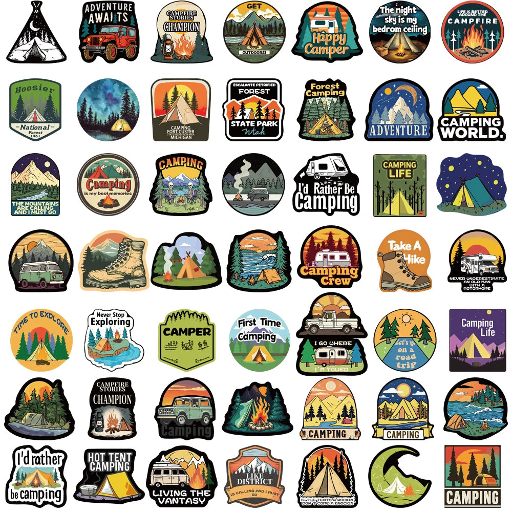 50PCS Camping Sticker Notebook Decorative Luggage Creative Laptop Bicycle Skateboard Personalize Phone Art Dormitory Sticker ﻿