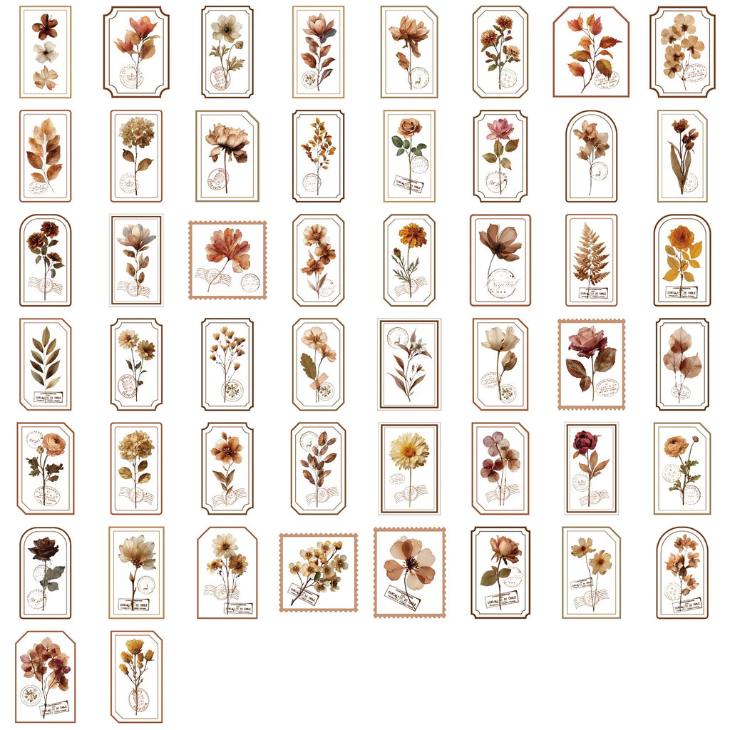 50/100PCS Cartoon Old Page Flower Picking Stationery Sticker Pack Waterproof Transparent PET DIY Decorative Guitar Notebook