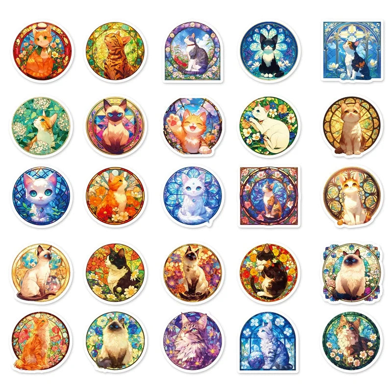 10/30/50PCS Kawaii Glass Cat Sticky PVC Sticker Aesthetic Stationery DIY Decoration Scrapbooking School Supplies for Kids