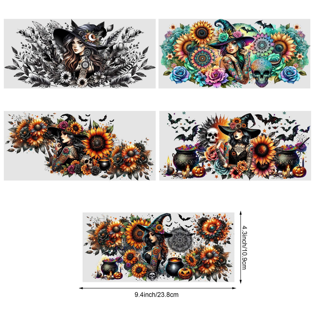5 Sheets Halloween Witch UV DTF Glass Cup Wrap Transfer Stickers, DTF Transfer Stickers, Waterproof Wipe-Off Transfer