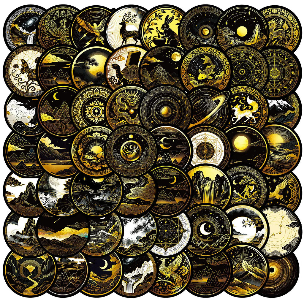 56/112Pcs Black Gold Space-themed PET Stickers - Unique Waterproof Decals for Notebook, Pencil Box, Bike, Suitcase, Laptop