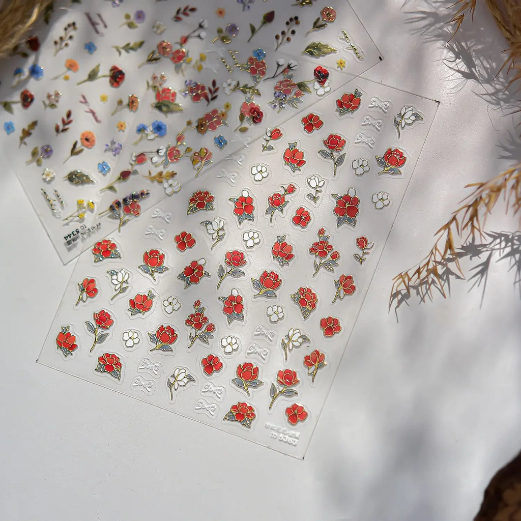 Metal Nail Art Stickers Gold Edges Orange Red Rose Floral Bow Nail Charms Stickers DIY Self Adhesive Nails 3D Decorations Decals