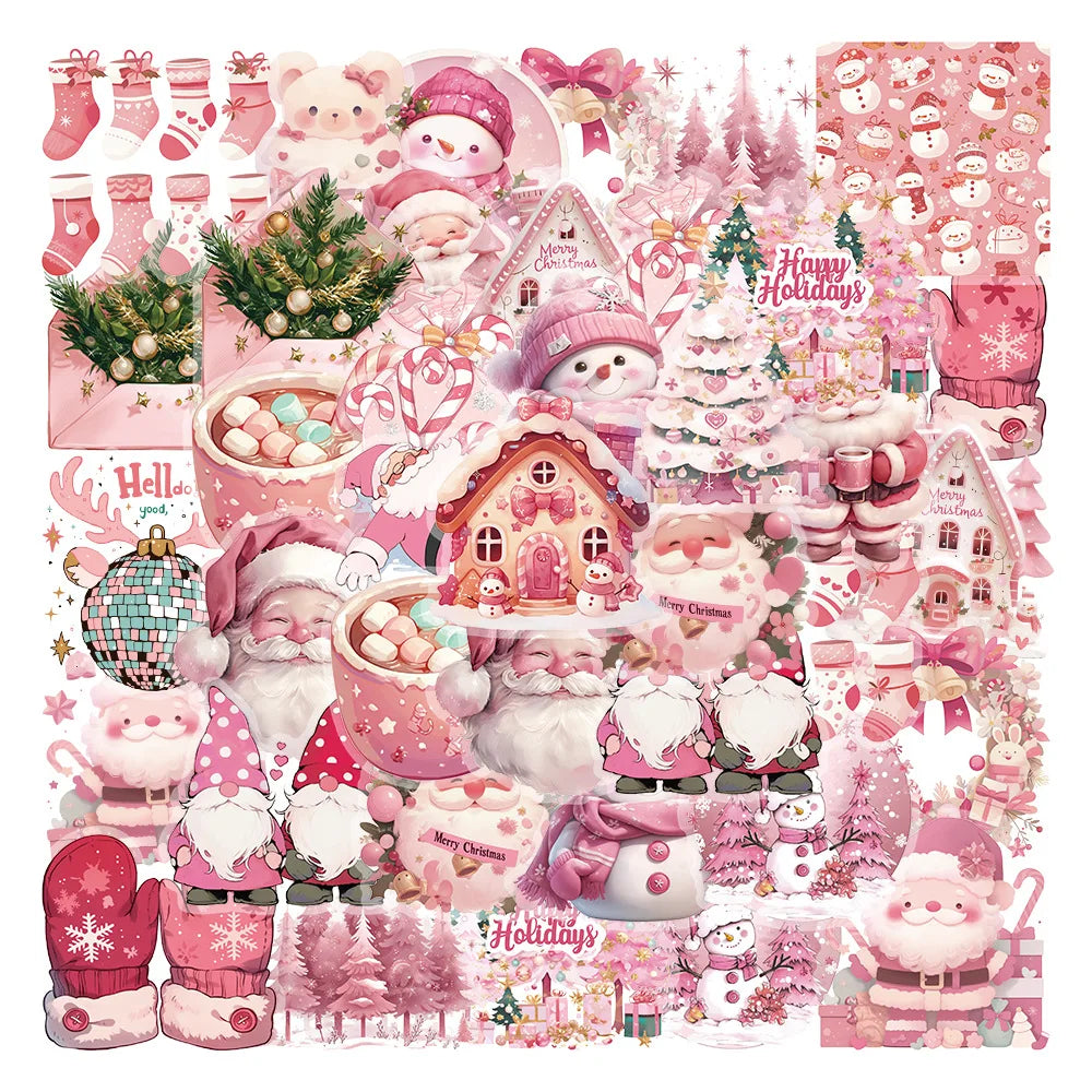 50PCS Transparent Plastic PET Pink Christmas Stickers Santa Claus Holiday Stationery Pen Holder Children's Reward Decor Stickers