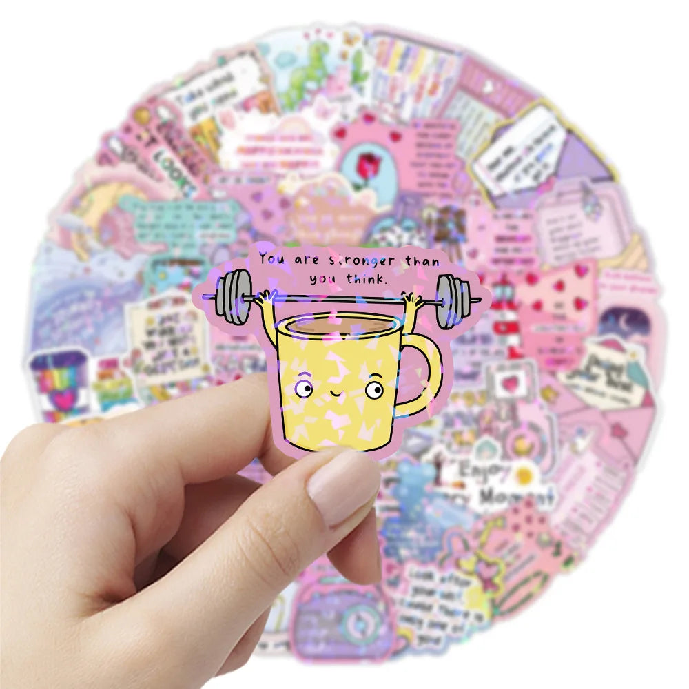 100/200PCS Cute Text Quotes Aesthetic Laser Stickers Notebook Water Cup Desktop Computer Decoration Reward Stickers