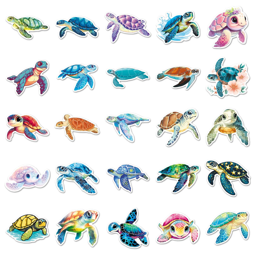 50-Pack Turtle Cartoon Ocean Animal Art Graffiti Waterproof Stickers for Thermos Guitar Helmet Luggage Student Stationery