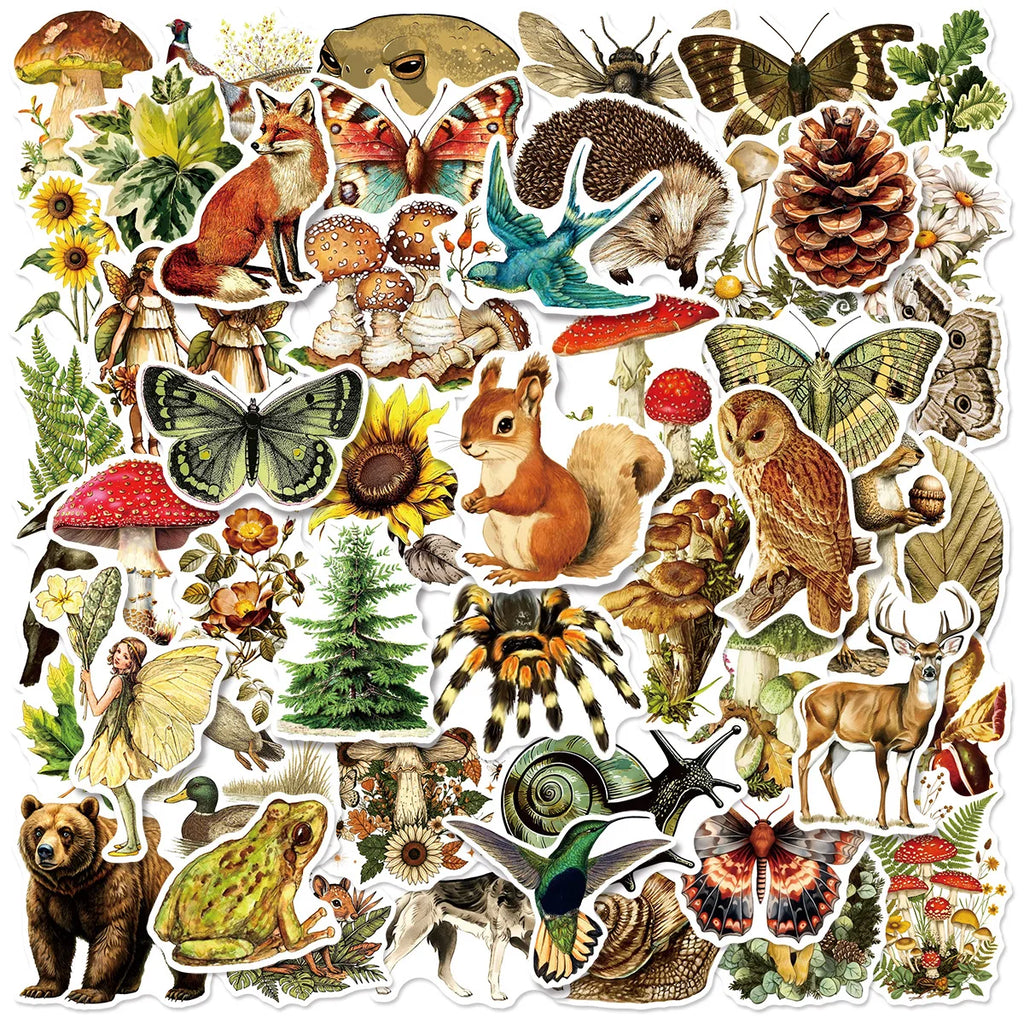50/100PCS Retro Animal & Plant Graffiti Stickers Water Cup Decoration Stickers Luggage Tablets Diary DIY Stickers