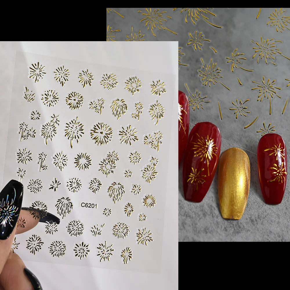 Laser Firework Nail Stickers 3D Self-Adhesive Blooming Fireworks Nail Art Decals New Year Firework Nail Decorations Slider 1pcs