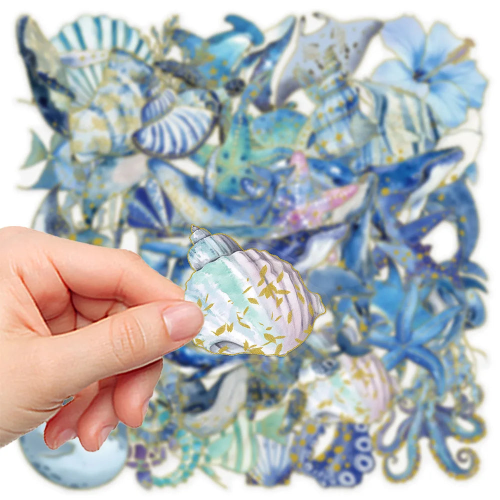 50-Pack Gold Foil Ocean Animal Doodle Stickers Waterproof Decor Decals for Students Stationery Phone Case Scrapbooking Sticker