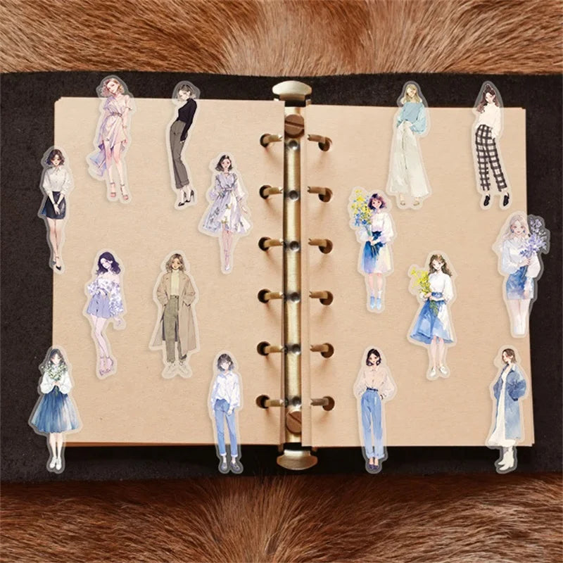 50PCS Kawaii Fashion Girl PET Sticky Sticker Aesthetic Korean Stationery DIY Decoration Scrapbooking School Supplies for Kids