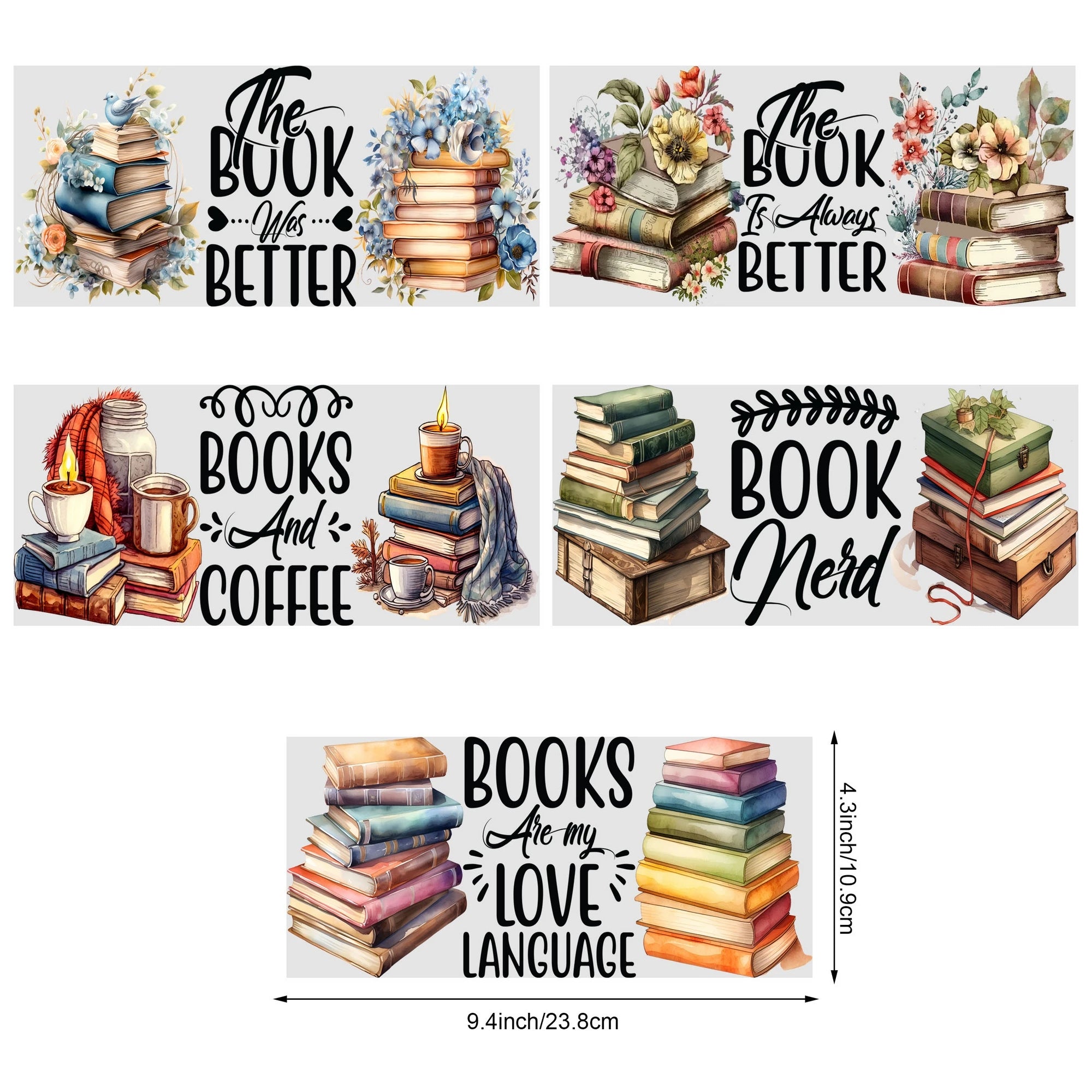 5 Sheets Vintage Book UV DTF Cup Stickers, DTF Friction Transfer Stickers, Waterproof Book Transfer Stickers for 16oz Glass Cup
